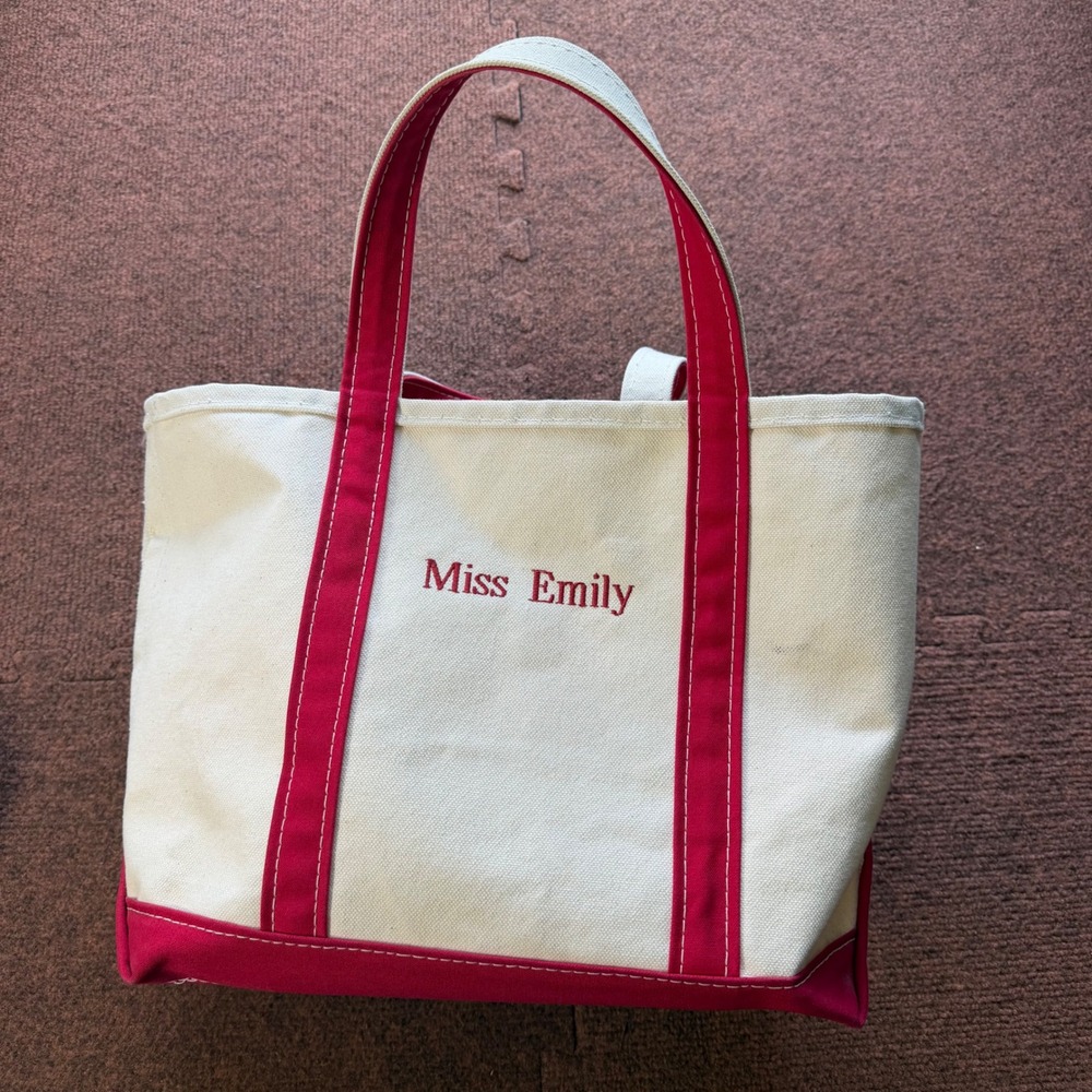 LL Bean Boat and Tote Canvas Bag Red Cream Miss Emily Personalized Made in USA